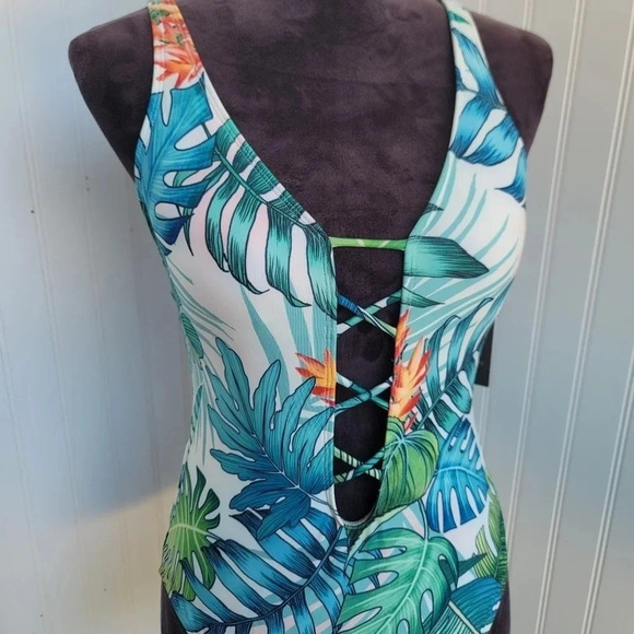$114 Vince Camuto One Piece Swimsuit 12 Tropical Plunging Neck Criss Cross Open - Picture 4 of 13